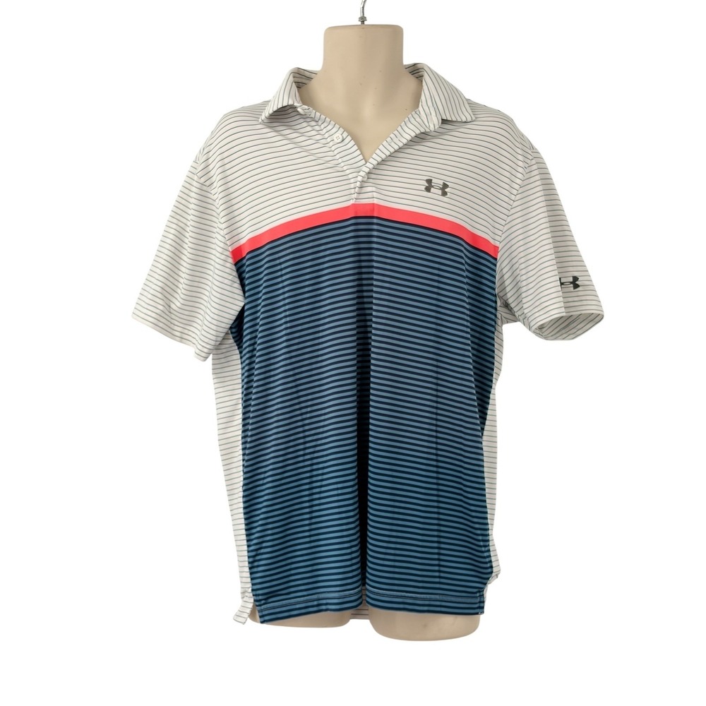 Under Armour Mens HeatGear Golf Polo Shirt Blue White‎ Striped Loose Fit Size L